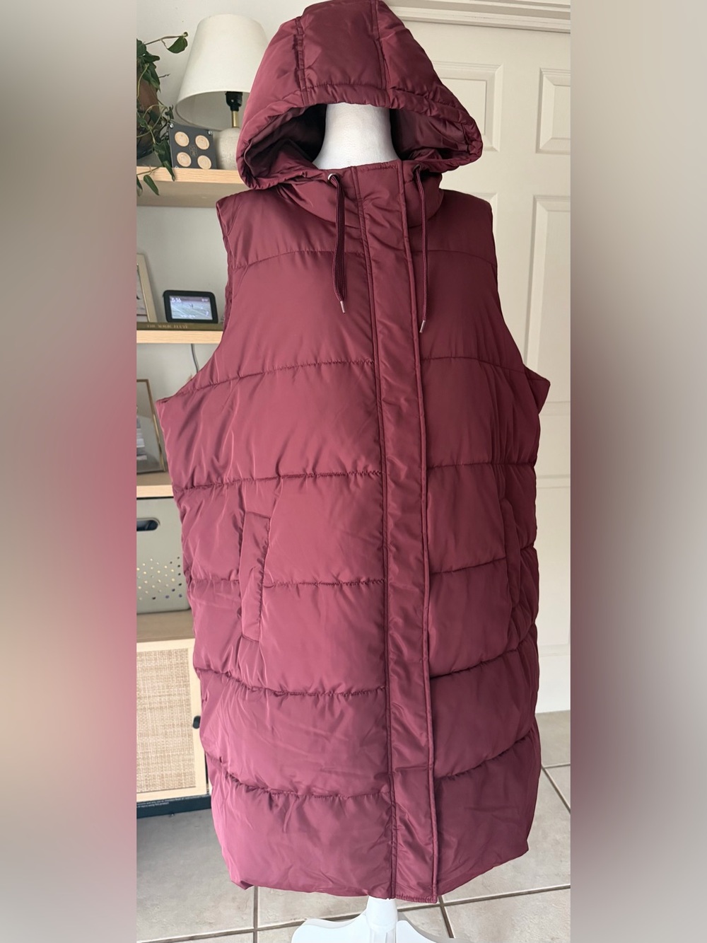 Ellos 1X 22/24 Long Hooded Puffer Vest Burgundy Merlot Plus Size